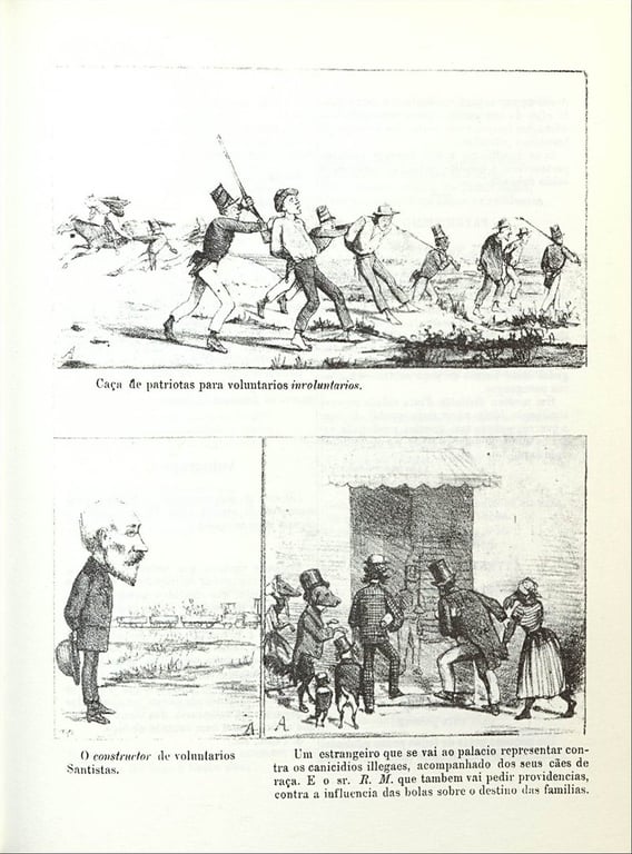 Charge do século XIX publicada no jornal satírico Diabo Coxo, redigido por Luiz Gama e ilustrado por Angelo Agostini, com o título “Caça de patriotas para voluntários involuntários”. A imagem é dividida em três vinhetas. Na parte superior, homens de cartola e fardas armados com cacetes perseguem civis assustados, que correm tentando escapar. A legenda ironiza o alistamento militar forçado. Abaixo à esquerda, uma caricatura mostra um homem calvo de cabeça grande, com expressão austera e mãos às costas — identificado como o “constructor de voluntários Santistas”. Na vinheta inferior direita, várias pessoas com trajes formais e cartolas, acompanhadas por cães, entram num edifício onde há uma mulher à porta. A legenda faz referência a estrangeiros que vão reclamar de alistamentos ilegais e à influência das 'lojas' sobre o destino das famílias, com críticas à monarquia.