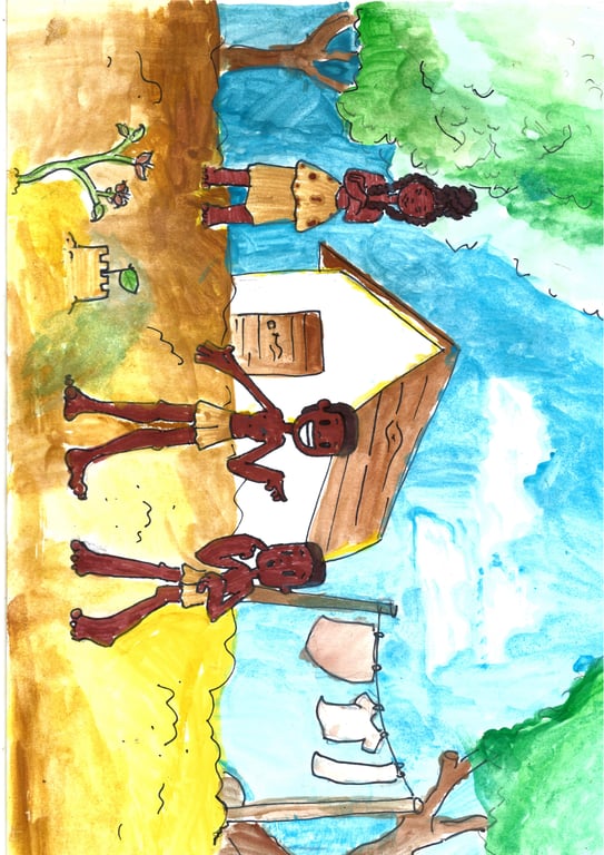 A obra "Destruidores da Liberdade", por Fênix Valentim, retrata um desenho colorido que mostra duas crianças pretas brincando em frente a uma casa simples em um ambiente natural, fazendo alusão a um quilombo, com uma mulher preta ao fundo. As crianças estão vestidas com saias marrons. Uma delas está de pé à esquerda, enquanto a outra está mais ao centro, com a boca aberta como se estivesse falando ou rindo. Ao fundo, à direita, está a mulher, observando as crianças, vestida com uma espécie de vestido marrom. A casa ao fundo tem uma parede branca e uma porta de madeira marrom. Ao lado da casa, há um varal com roupas penduradas. No canto inferior esquerdo, há uma pequena planta crescendo ao lado de um objeto parecido com um tamborete. Árvores verdes emolduram o cenário, e o céu é azul com algumas nuvens brancas. O chão em frente à casa é uma mistura de terra marrom e areia amarela.