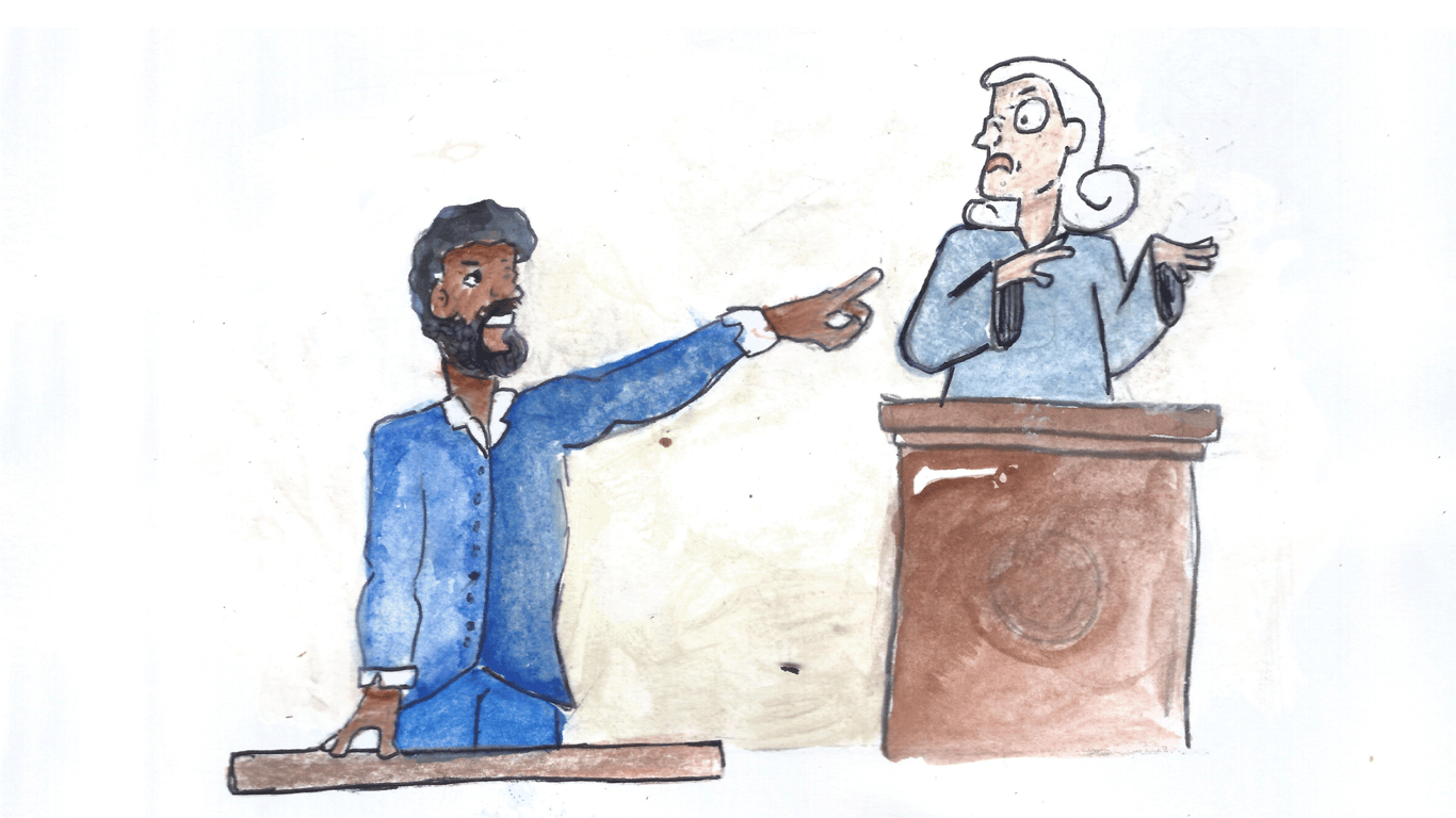 A obra 'Os Juízes de Paz são todos uns ladrões', por Fênix Valentim, faz referência à famosa frase de Luiz Gama em seus discursos. A ilustração retrata uma cena em que o advogado e abolicionista, um homem negro de barba curta e cabelos crespos, está de pé à esquerda, vestindo um terno azul. Ele aponta de forma enfática para uma juíza branca, que está à direita, atrás de um púlpito de madeira. A juíza tem expressão de surpresa e desconforto, com os cabelos brancos soltos. A cena captura um momento de confronto direto, refletindo o espírito de justiça e a luta de Luiz Gama.