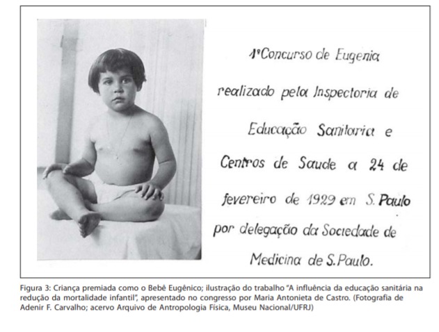 Fotografia em preto e branco mostra uma criança pequena, de cabelos curtos e franja, sentada de pernas cruzadas, usando apenas uma fralda. À direita, aparece um cartaz escrito em letra cursiva: '1º Concurso de Eugenia realizado pela Inspetoria de Educação Sanitária e Centros de Saúde a 24 de fevereiro de 1929 em S. Paulo por delegação da Sociedade de Medicina de S. Paulo.' Abaixo da imagem, uma legenda informa: 'Figura 3: Criança premiada como o Bebê Eugênico; ilustração do trabalho A influência da educação sanitária na redução da mortalidade infantil, apresentado no congresso por Maria Antonieta de Castro. (Fotografia de Adenir F. Carvalho; acervo Arquivo de Antropologia Física, Museu Nacional/UFRJ).'