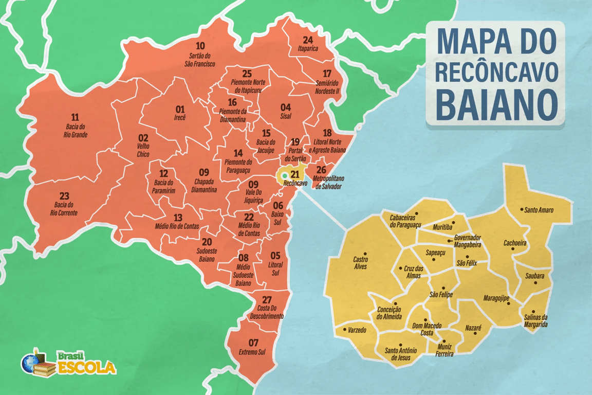 Mapa do Recôncavo Baiano, de Isa Galvão, publicado pelo Brasil Escola. A ilustração mostra o mapa do estado da Bahia dividido em vinte e sete territórios de identidade, representados na cor salmão e identificados por números e nomes. O território do Recôncavo aparece destacado próximo ao litoral, identificado pelo número 21. À direita, há uma ampliação do Recôncavo Baiano em amarelo, com a localização de seus municípios, entre eles Cachoeira, São Félix, Santo Amaro, Saubara, Maragogipe, Nazaré, São Felipe, Cruz das Almas, Sapeaçu, Cabaceiras do Paraguaçu, Conceição do Almeida, Castro Alves, Varzedo, Dom Macedo Costa, Muniz Ferreira, Governador Mangabeira, Muritiba, Salinas da Margarida e Santo Antônio de Jesus. Na parte superior direita, está o título “Mapa do Recôncavo Baiano”, e, no canto inferior esquerdo, aparece o logotipo do Brasil Escola.