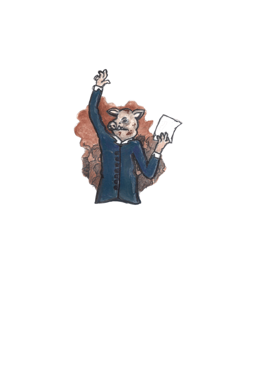 A obra 'O discurso de Almeida e Albuquerque', por Fênix Valentim, retrata uma figura antropomórfica com cabeça de porco, vestindo um traje formal azul escuro, semelhante a uma roupa do século XIX, que representa Almeida e Albuquerque, em seu discurso durante a Sessão de 25 de setembro de 1823. A figura está de pé, com o braço direito erguido, como se estivesse discursando, e segura um papel com a mão esquerda. O fundo é preenchido por uma massa marrom que sugere uma multidão que acompanha a sessão.