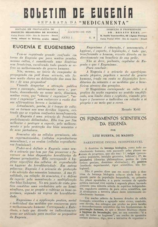 Imagem da capa do Boletim de Eugenia, edição de agosto de 1929 (Ano I, número 8), publicada pelo Instituto Brasileiro de Eugenia. O título principal, em letras grandes, é 'Eugenia e Eugenismo', seguido de um texto explicativo que busca diferenciar os conceitos e justificar a prática da eugenia. O documento está em português e traz, ao final da primeira coluna, a assinatura de Renato Kehl.