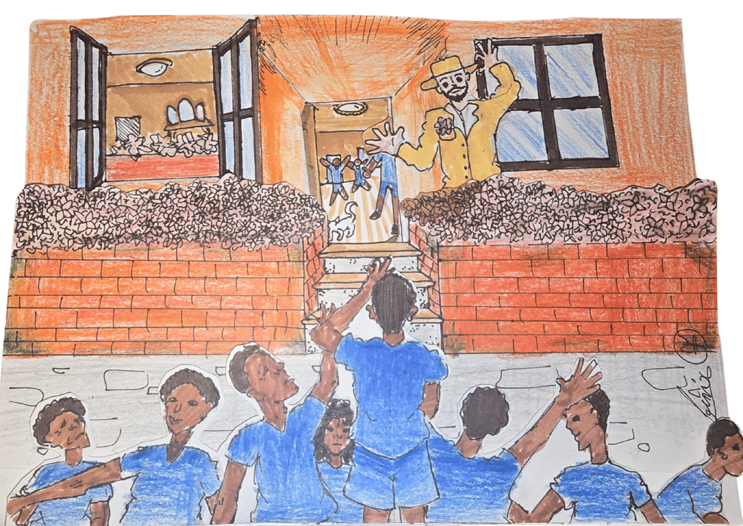 Ilustração colorida feita por Fênix Valentim. Em primeiro plano, sete crianças negras com uniformes azuis estão reunidas em frente a uma casa de tijolos laranjas, olhando para um homem branco que aparece na porta. As crianças sorriem e acenam com as mãos. O homem está usando chapéu amarelo e camisa amarela. Ela também sorri e acena para o grupo. Ao lado da porta, na entrada da casa, há camélias desenhada em destaque — símbolo de resistência e de apoio à causa abolicionista. No período da escravidão, casas que acolhiam e protegiam pessoas negras em fuga da escravidão exibiam flores de camélia como sinal de apoio seguro. A mulher branca da ilustração representa uma dessas aliadas da liberdade, que ajudava a esconder e conduzir pessoas negras em fuga, formando redes de solidariedade e fuga.