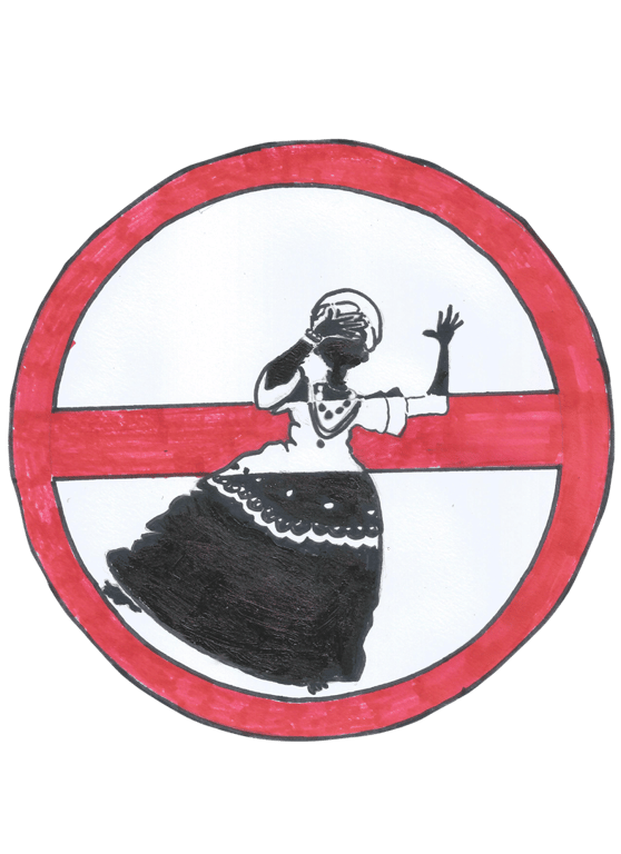 Ilustração de Fênix Valentim intitulada 'Proibido incorporar', composta por uma imagem em formato de placa de proibição com uma faixa horizontal vermelha no centro. Uma mulher negra vestida com roupas tradicionais de terreiro – saia longa, blusa com mangas bufantes e colares no pescoço – aparece em posição de transe, com uma das mãos sobre o rosto e a outra erguida. A cena é atravessada pela faixa vermelha da placa, simbolizando a repressão a essas práticas.