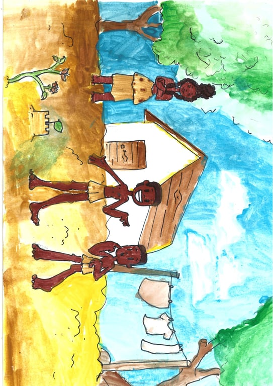 A obra 'Destruidores da Liberdade', por Fênix Valentim, retrata um desenho colorido que mostra duas crianças pretas brincando em frente a uma casa simples em um ambiente natural, fazendo alusão a um quilombo, com uma mulher preta ao fundo. As crianças estão vestidas com saias marrons. Uma delas está de pé à esquerda, enquanto a outra está mais ao centro, com a boca aberta como se estivesse falando ou rindo. Ao fundo, à direita, está a mulher, observando as crianças, vestida com uma espécie de vestido marrom. A casa ao fundo tem uma parede branca e uma porta de madeira marrom. Ao lado da casa, há um varal com roupas penduradas. No canto inferior esquerdo, há uma pequena planta crescendo ao lado de um objeto parecido com um tamborete. Árvores verdes emolduram o cenário, e o céu é azul com algumas nuvens brancas. O chão em frente à casa é uma mistura de terra marrom e areia amarela.