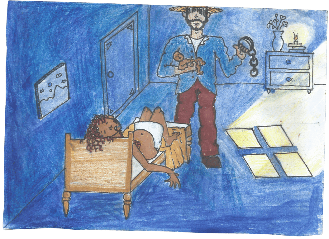 Ilustração que representa a Lei do Ventre Livre pelo olhar de Fênix Valentim. O desenho apresenta um quarto com paredes e chão em tons de azul. No centro, há uma cama de madeira onde uma mulher negra de cabelos cacheados está deitada num contexto de pós-parto. Em pé, próximo à porta, um homem branco veste camisa azul e calças vermelhas, usa um chapéu de palha e exibe uma expressão rígida. Ele segura correntes em uma mão e um bebê na outra. No fundo, há um quadro na parede e um móvel com um vaso de flores. O ambiente tem iluminação forte, com um grande reflexo da luz do sol no chão.