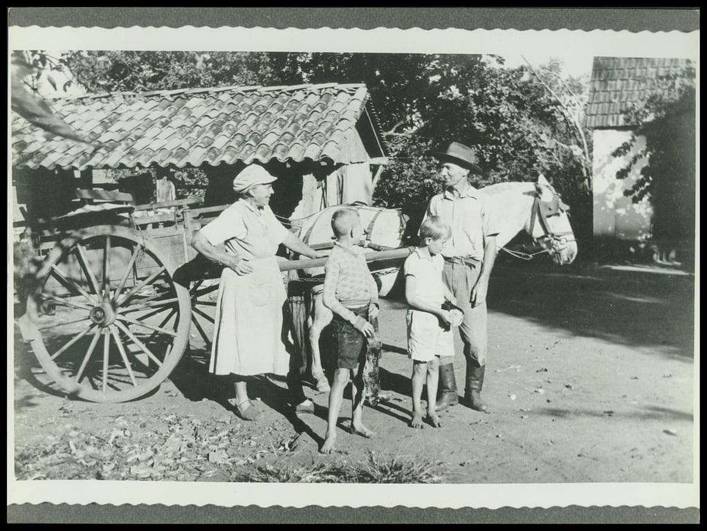 Fotografia em preto e branco de uma família imigrante em zona rural, acervo do Museu da Imigração. À esquerda da imagem, uma mulher branca está de pé ao lado de uma carroça de madeira com grandes rodas. Ela veste um vestido claro com avental e chapéu na cabeça. Diante dela, dois meninos brancos estão descalços, com roupas simples, em pé sobre a terra batida. Ao lado das crianças, um homem branco de chapéu segura as rédeas de um cavalo claro que puxa a carroça. Ao fundo, há uma pequena casa com telhado de barro e outra construção parcialmente visível à direita, com árvores ao redor. A cena retrata o cotidiano de famílias camponesas imigrantes, remetendo às políticas de incentivo à imigração europeia no Brasil do século XIX.