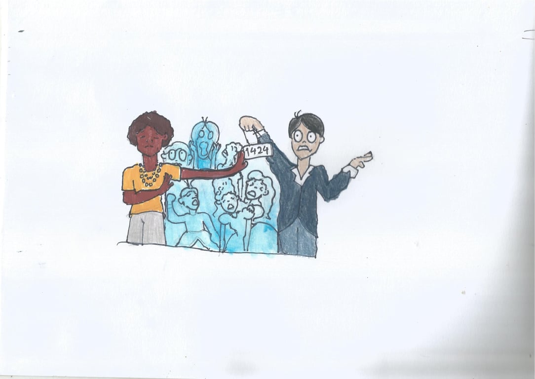 Em primeiro plano, à esquerda, há uma pessoa negra com uma expressão séria, usando uma camisa amarela e um colar. Ela está com uma das mãos levantadas, em um gesto de recusa, e com a outra mão estendida para frente, como se estivesse afastando ou rejeitando algo. À direita, há uma figura masculina, com pele clara e expressão de surpresa ou medo. Ele segura uma placa com o número "1424" escrito, parecendo nervoso ou confuso. Ao fundo, há uma série de pessoas esboçadas em azul, com expressões variadas, algumas confusas e assustadas. Essas figuras estão em segundo plano, como se representassem as consequências da atitude de recusa da primeira pessoa, que representa um trabalhador ou trabalhadora grevista.