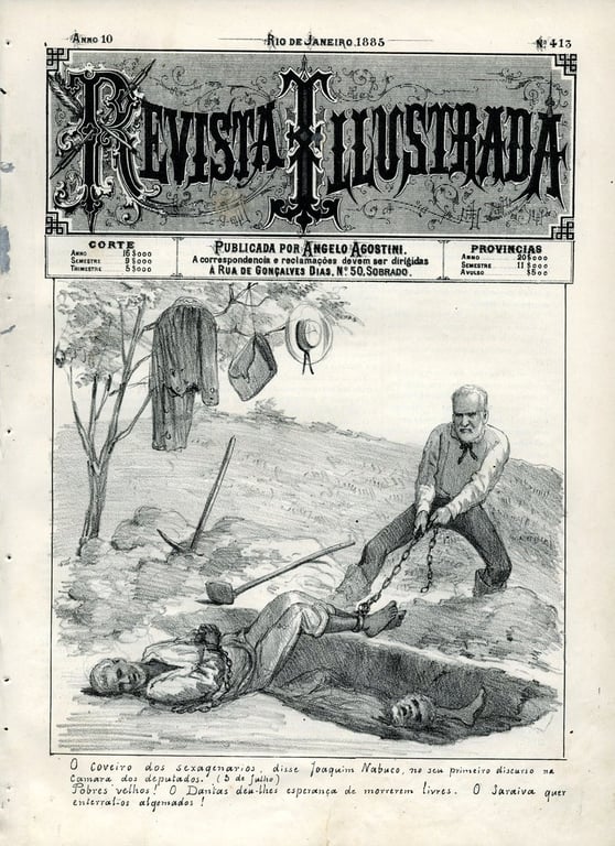 Capa da edição nº 413 da Revista Illustrada, de 1885. A página tem um fundo amarelado e apresenta um título em letras ornamentadas, com elementos decorativos. Abaixo, há uma ilustração em preto e branco representando um homem branco idoso, vestindo camisa de mangas dobradas e calça, segurando uma corrente que prende um homem negro caído no chão. O homem negro está deitado, aparentemente exausto ou ferido, enquanto outro corpo está enterrado ao seu lado. Ao fundo, roupas pendem de uma árvore. A legenda abaixo da imagem ironiza a Lei dos Sexagenários, apontando que a 'libertação' dos escravizados idosos era ilusória, pois eles já estavam enfraquecidos pelo trabalho forçado.