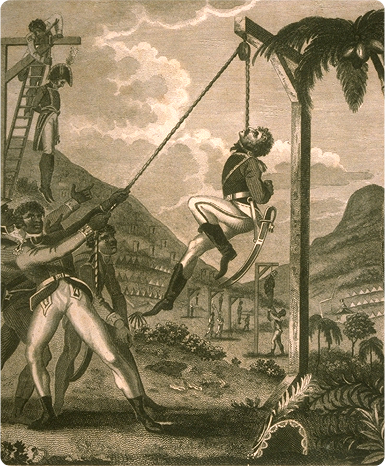 A obra 'Relato Histórico do Império Negro do Haiti', por Marcus Rainford em 1805, traz várias ilustrações, em tons de sépia, sobre a Revolução Haitiana. A imagem da esquerda foi a mais difundida da série de gravuras. No primeiro plano, soldados negros estão enforcando soldados brancos uniformizados, utilizando uma estrutura de madeira com roldana e corda. Ao fundo, há mais forcas com outros homens europeus sendo enforcados por soldados haitianos. A paisagem ao redor é montanhosa, com palmeiras e vegetação rasteira, reforçando o cenário da revolução e resistência negra. O uso isolado dessa imagem contribui para o silenciamento acerca da violência colonial.