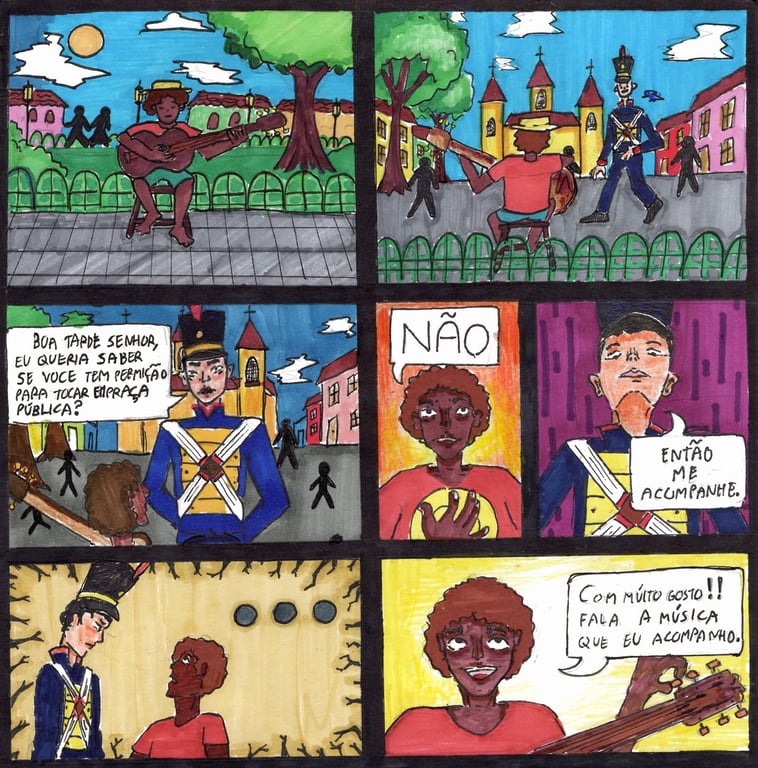 Página da revista Careta, publicada em 7 de novembro de 1914. Na parte superior, há um bloco de texto intitulado 'Ephemerides', com fatos históricos organizados por data. Abaixo, centralizada, está a ilustração principal acompanhada do título 'Da sarjeta às alcatifas'. A charge colorida mostra quatro pessoas em trajes de gala em uma cena de salão. À esquerda, uma mulher branca, sorridente, de vestido vermelho com estampa branca e acessório de pluma na cabeça, ao lado de um vaso de planta em forma de sarjeta. Ela é observada por um homem careca, de terno preto e colete, com expressão encantada. Ao fundo, duas outras figuras também trajadas formalmente conversam ao lado de um piano. A composição ironiza a ascensão social de danças populares como o maxixe, associado às classes mais baixas, mas que naquele momento adentravam os ambientes da elite. A legenda ao pé da imagem diz: '– Não há razão para censurar o corta jaca, minha senhora. O tango nasceu nos cabarés escusos, mas... chegou aos salões mais finos... Fez-se por si.'