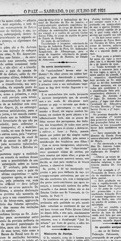Recorte do jornal O Paiz, publicado em 9 de julho de 1921