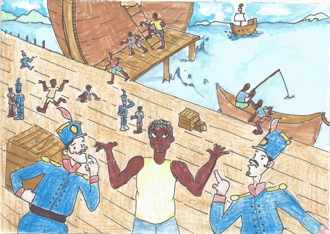 Ilustração colorida, por Fênix Valentim, retrata uma cena em um porto no século XIX. No centro da imagem, um homem negro de cabelos curtos e encaracolados, vestindo uma camisa branca sem mangas e calça azul, levanta as mãos com uma expressão de surpresa ou desentendimento. Diante dele, dois soldados brancos vestindo uniformes azuis o encaram com expressões desconfiadas; um deles aponta o dedo em tom acusatório, enquanto o outro leva a mão ao queixo, como se refletisse. Ao fundo, há diversos trabalhadores negros carregando caixas e subindo por uma escada em direção a um navio atracado. Algumas pessoas correm pelo cais, enquanto outras pescam próximas a um pequeno barco ancorado. A cena ilustra a operação policial da ilha de Marambaia, litoral do Rio de Janeiro, em que um escravizado que trabalhava como intérprete no navio negreiro fingiu ser 'boçal' (pessoas que  não dominavam a língua e outros códigos culturais coloniais no Brasil) para ser libertado junto com os escravizados recém chegados.