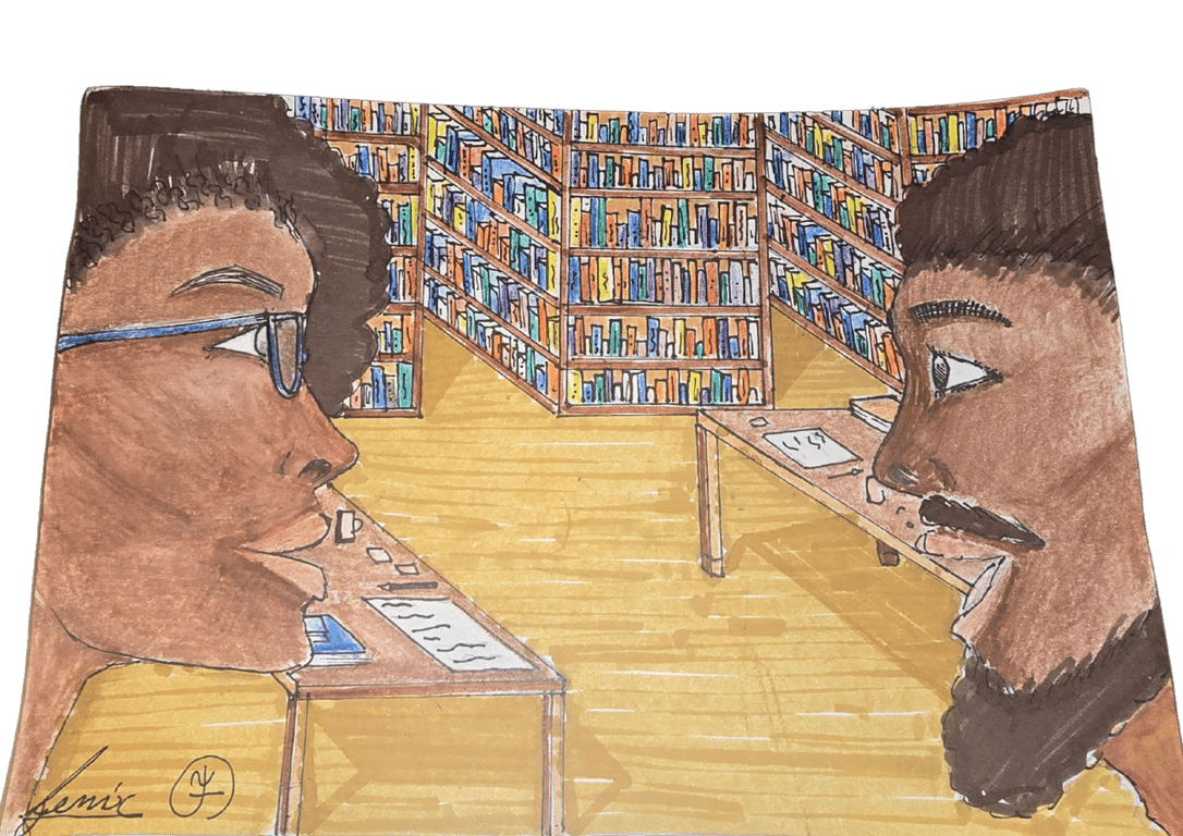 Ilustração feita por Fênix Valentim intitulada O encontro entre os professores Amanda Paranaguá e Israel Soares. A cena retrata uma biblioteca ampla e bem iluminada, com estantes cheias de livros coloridos nas paredes ao fundo. Em primeiro plano, dois personagens negros se olham frente a frente, cada um em sua mesa de leitura. À esquerda, uma mulher negra, com cabelos cacheados, usa óculos de armação azul. À direita, um homem de pele escura, com bigode e barba rala, observa atento a interlocutora. Ambos estão em ambiente de estudo, com cadernos e livros sobre as mesas. A obra sugere um encontro simbólico entre dois personagens históricos negros ligados à educação e à resistência no Brasil do século XIX.