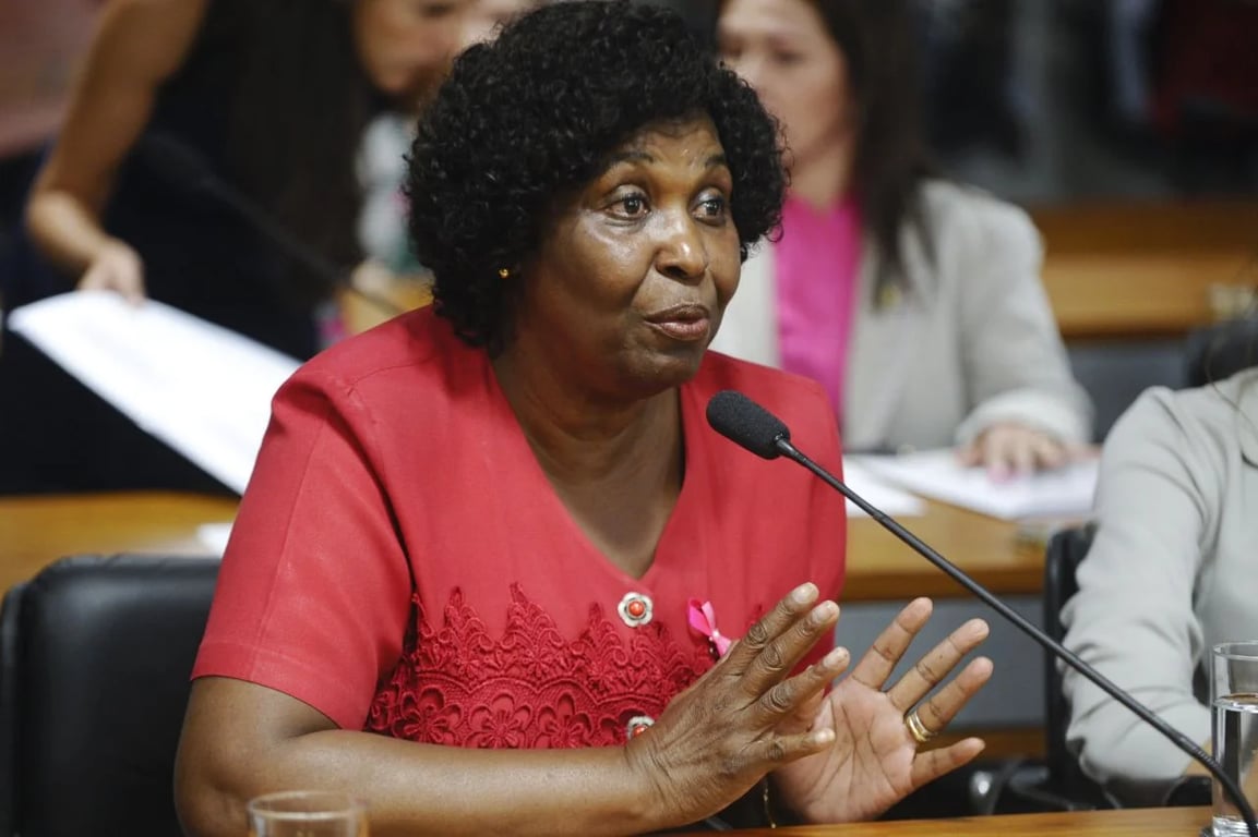 Fotografia colorida da deputada federal, Benedita da Silva, falando ao microfone na CPMI. Benedita é uma mulher negra de pele retinta, veste uma blusa vermelha com bordado floral na altura do peito e usa um pequeno laço rosa preso na roupa, símbolo da campanha de prevenção ao câncer de mama. Tem cabelo crespo e curto, e está com as mãos levemente levantadas, como se estivesse explicando algo com firmeza e serenidade. Ao fundo, pessoas sentadas prestam atenção ou manuseiam papéis.