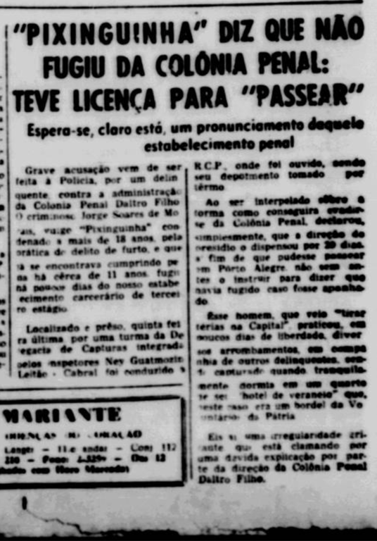 Recorte de jornal em preto e branco com o título em destaque: 'PIXINGUINHA' DIZ QUE NÃO FUGIU DA COLÔNIA PENAL: TEVE LICENÇA PARA 'PASSEAR'. A matéria do Diário de Notícias de Porto Alegre, datada de 3 de junho de 1959, narra a história de Jorge Soares de Morais, conhecido como Pixinguinha, sobre sua estadia e saída da colônia penal.