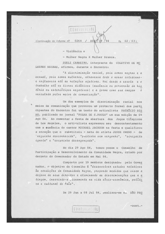 Documento oficial do extinto DOPS (Departamento de Ordem Política e Social) que menciona Sueli Carneiro