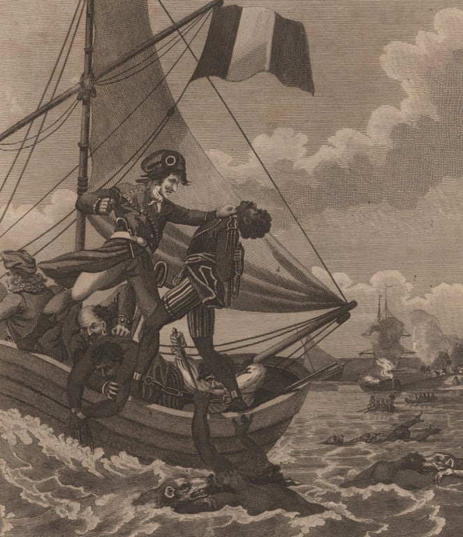 Na imagem da direita, também retratada por Rainford, vemos o inverso: Em primeiro plano, homens brancos em um barco atacam e lançam homens negros ao mar, alguns deles já sendo atacados por animais marinhos. Um homem branco, aparentemente comandante, agarra violentamente pelo gola da camisa de um homem negro, prestes a jogá-lo ao mar, com uma faca na outra mão. Outros homens negros tentam desesperadamente segurar-se ao barco, enquanto mais homens brancos atacam. Ao fundo, outros barcos menores e um navio maior são vistos, com fumaça indicando conflito ou batalha em andamento. Uma bandeira da França tremula no alto do mastro do barco central, enquanto nuvens preenchem o céu, conferindo uma atmosfera dramática à cena.