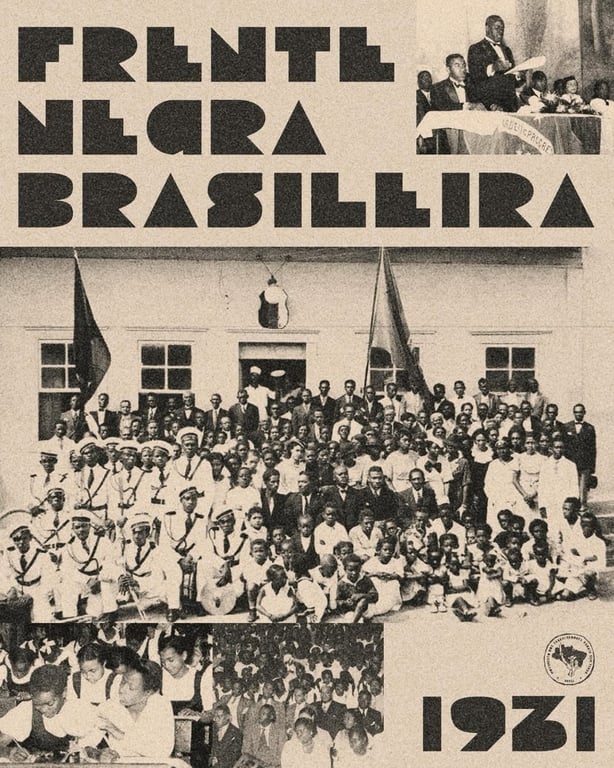 Imagem em tom sépia com composição gráfica sobre a Frente Negra Brasileira. No topo, grandes letras geométricas formam o título 'FRENTE NEGRA BRASILEIRA'. À direita, há uma fotografia antiga mostrando um homem em pé, falando em um púlpito, com outras pessoas sentadas à mesa atrás dele. Ao centro, aparece uma grande foto histórica de dezenas de pessoas negras reunidas em frente a um prédio. Há homens, mulheres e muitas crianças, algumas vestindo uniformes brancos, outras de roupas escuras, posando para a fotografia. Duas bandeiras são erguidas nas laterais da cena. Na parte inferior, outras duas pequenas imagens mostram atividades realizadas pelo grupo: em uma delas, crianças e jovens estão sentados, lendo ou escrevendo; na outra, há uma grande plateia de pessoas em um auditório. No canto inferior direito, está escrito '1931', indicando o ano. Há também um pequeno selo redondo com a marca da organização.