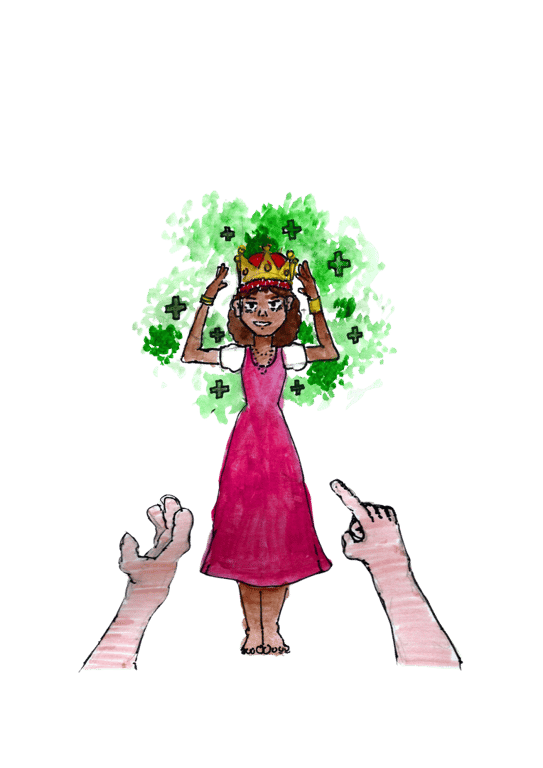  A obra “Parda Luiza”, por Fênix Valentim, relembra a história de Luiza, uma mulher escravizada que lutou por sua liberdade após sobreviver a uma doença e ter sua carta de alforria retirada. A ilustração mostra uma mulher negra de pele marrom, com cabelos curtos e encaracolados, usando uma coroa dourada com detalhes vermelhos, adornada com joias. Ela veste um longo vestido rosa escuro e uma camiseta de mangas curtas brancas por baixo. A mulher está de pé no centro da imagem, com os braços levantados, as mãos abertas, como se estivesse em uma postura de força ou empoderamento. Atrás dela, há um fundo abstrato em tons de verde, com várias cruzes sombreadas em preto, o que parece indicar um ambiente hospitalar  ou espiritual. Na parte inferior da imagem, aparecem duas mãos brancas apontando em direção a ela, uma com o dedo indicador esticado e outra com a palma aberta, sugerindo um gesto de reverência ou julgamento.