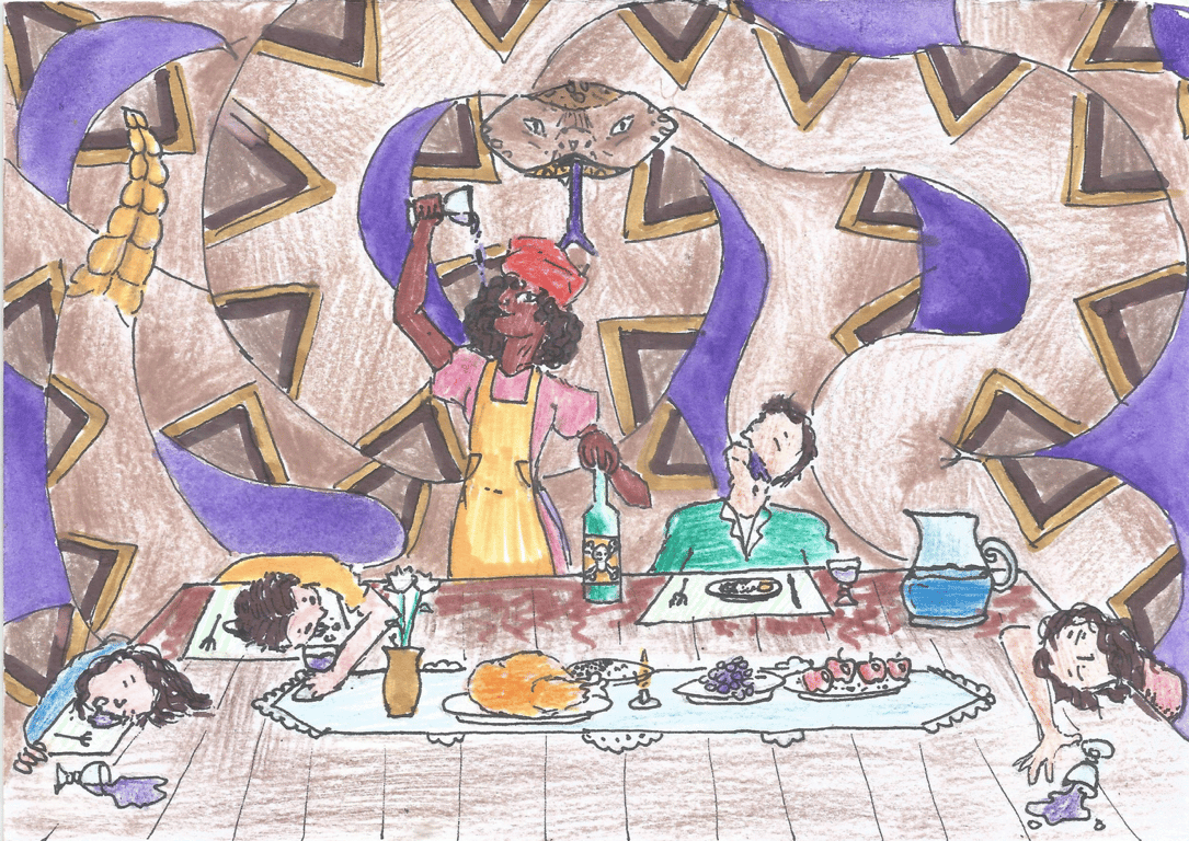 Ilustração em cores feita por Fênix Valentim, intitulada A diferença entre o remédio e o veneno é a dose – interpretação da resistência. Ao centro, uma mulher negra de lenço vermelho, blusa rosa e avental amarelo bebe um líquido roxo de uma taça. Na outra mão, segura uma garrafa com rótulo e aparência de veneno. Ela está de pé atrás de uma mesa posta com jarra, frutas, taças, flores e pratos — à frente dela, quatro pessoas brancas aparecem desmaiadas, com o corpo tombado e expressões abatidas. Ao fundo, uma imensa serpente em tons marrons se enrola por toda a cena. Sua pele exibe padrões geométricos em preto, amarelo e roxo que remetem a tecidos africanos, com a cabeça voltada para a mulher ao centro. A obra representa visualmente o caso de Francelina, mulher negra escravizada que, em 1873, foi acusada de envenenar a família Calheiros, mas acabou absolvida diante da ausência de provas e denúncias de maus-tratos.