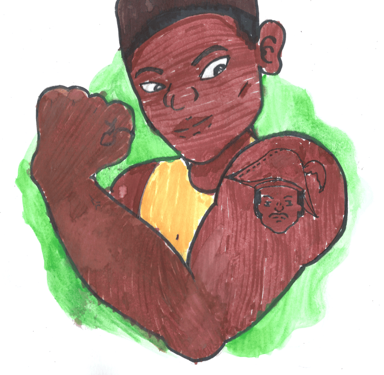 Desenho colorido de um homem negro musculoso, visto de perfil, mostrando uma tatuagem grande no peito que retrata J.J. Dessalines. A tatuagem mostra o rosto de Dessalines em detalhes, com cabelo curto e expressão determinada. O homem tem braços musculosos e pele escura, e o desenho é feito com traços vibrantes que destacam tanto a figura do homem quanto a tatuagem em seu peito. A arte foi criada por Fênix Valentim, de 12 anos.