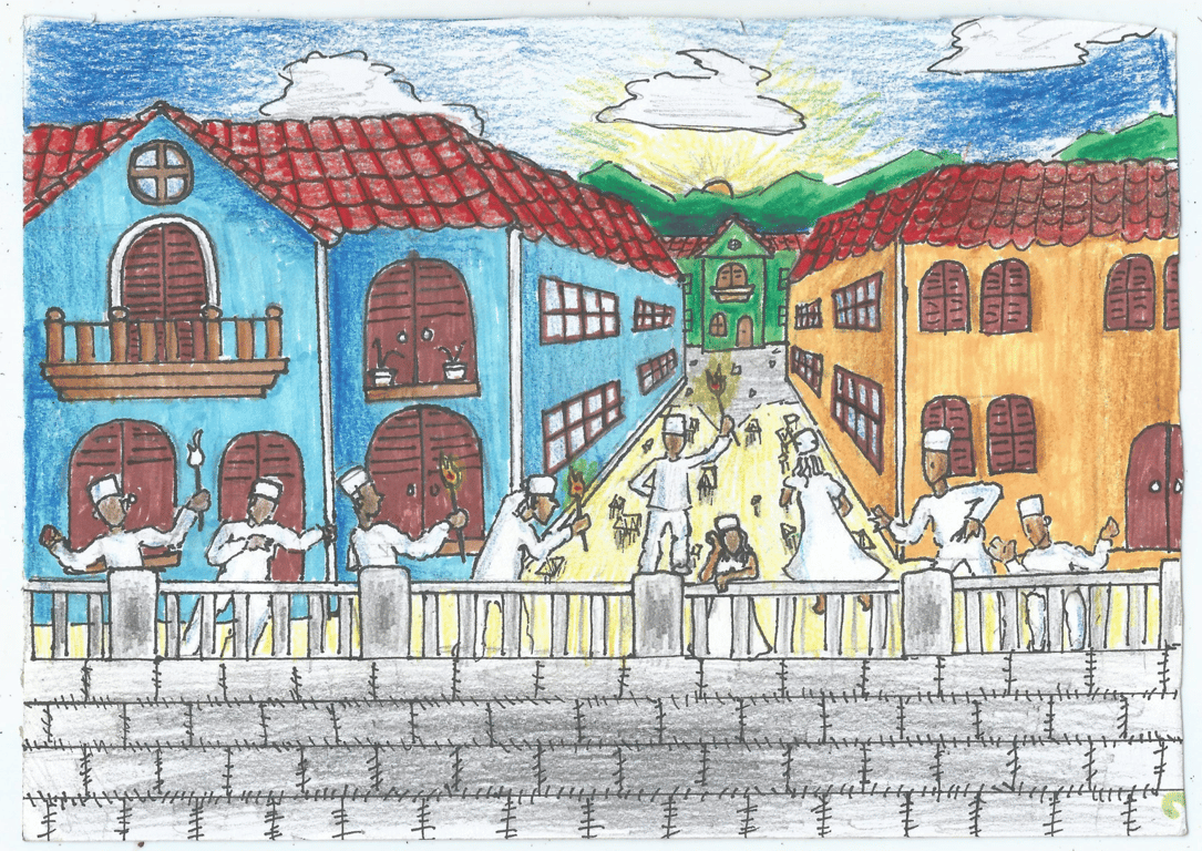 Ilustração colorida intitulada “A Revolta dos Malês pelo Olhar de Fênix Valentim”. O desenho retrata uma rua com sobrados coloniais de fachadas  azul e laranja com telhados vermelhos e janelas de madeira. No centro da cena, um grupo de pessoas negras vestidas de branco se organiza em resistência, segurando algumas tochas, enquanto outras pessoas observam dos balcões e janelas. A ponte em primeiro plano tem uma grade de pedra, detalhada com traços em preto que criam profundidade. No fundo, o céu azul, com nuvens brancas e um sol nascendo entre montanhas verdes, ilumina a cena. A ilustração representa a Revolta dos Malês, que ocorreu em Salvador, Bahia, em 1835, uma das maiores insurreições de africanos escravizados e libertos de fé islâmica no Brasil, através do olhar de uma criança de 12 anos.