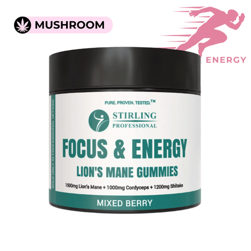 A jar of Stirling Professional Focus and Energy Lion's Mane Gummies, mixed berry flavor.