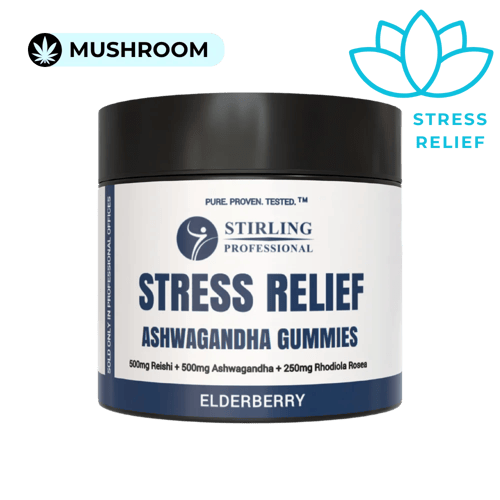 A jar of Stress Relief Ashwagandha Gummies by Stirling, elderberry flavor.