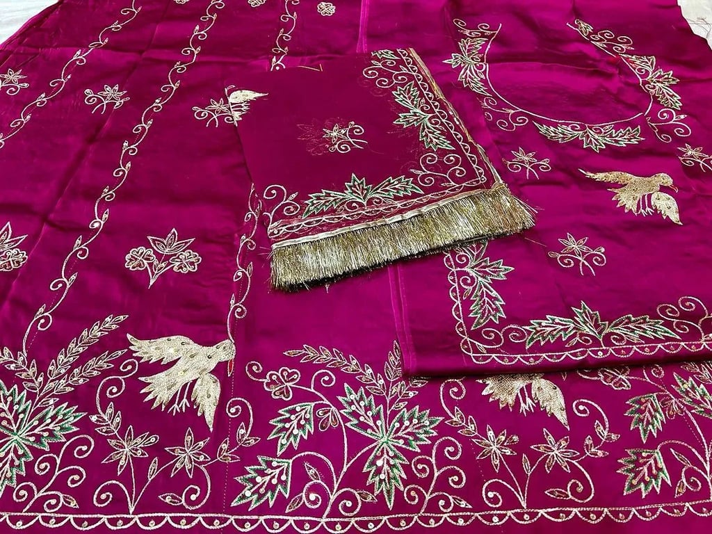 Bird Hand Work Bembar Satin Poshak AK