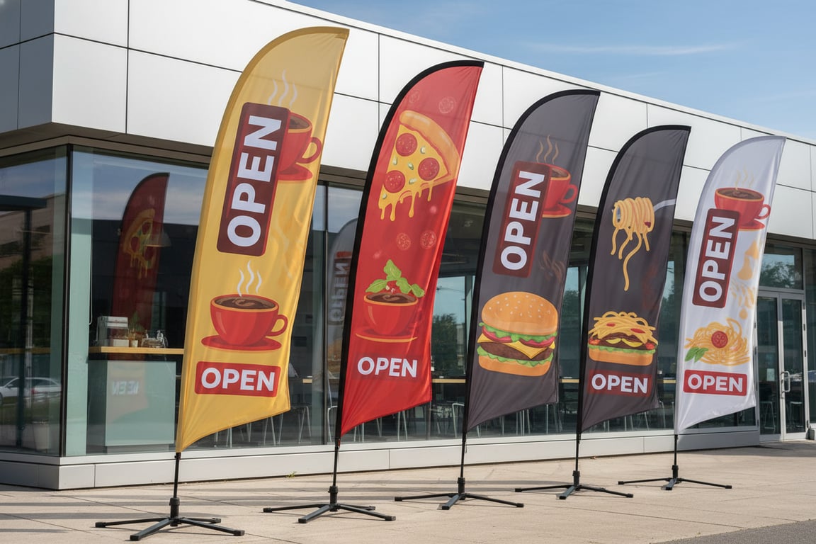 Restaurant and food service advertising flags with NOW OPEN DAILY SPECIALS HAPPY HOUR messaging, food-safe inks washable fabric for outdoor dining areas, sidewalk flags 6-8ft and parking lot flags 13ft plus