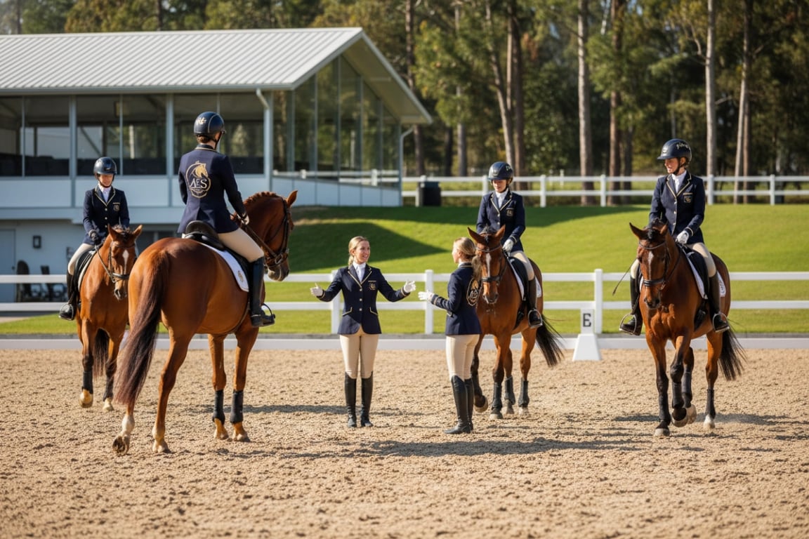 Riding school training session with custom uniforms