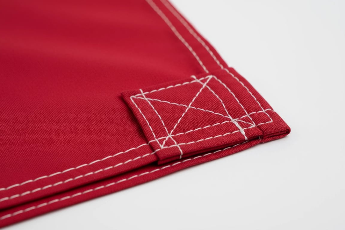 Brand promotional flag with polyester triangle corner patches featuring UV-resistant materials and color-fast printing for long-term outdoor advertising campaigns and storefront displays