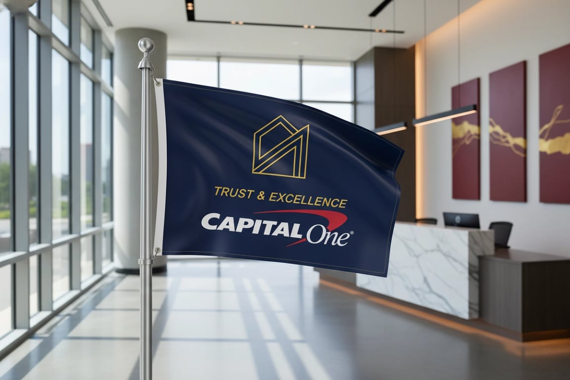 Fintech startup modern gradient corporate flags blending traditional financial trust with tech innovation for industry conferences and office spaces, 6ft x 3ft double-sided quick-dry