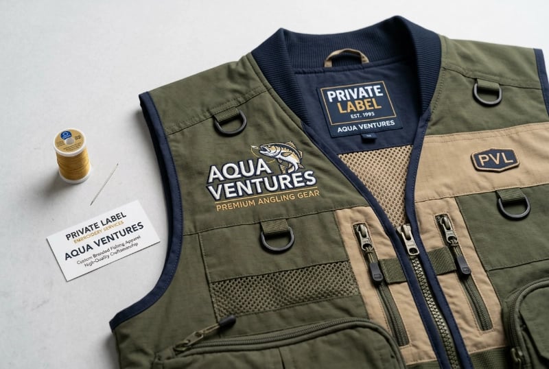 Logo embroidery and branding for private label fishing vests