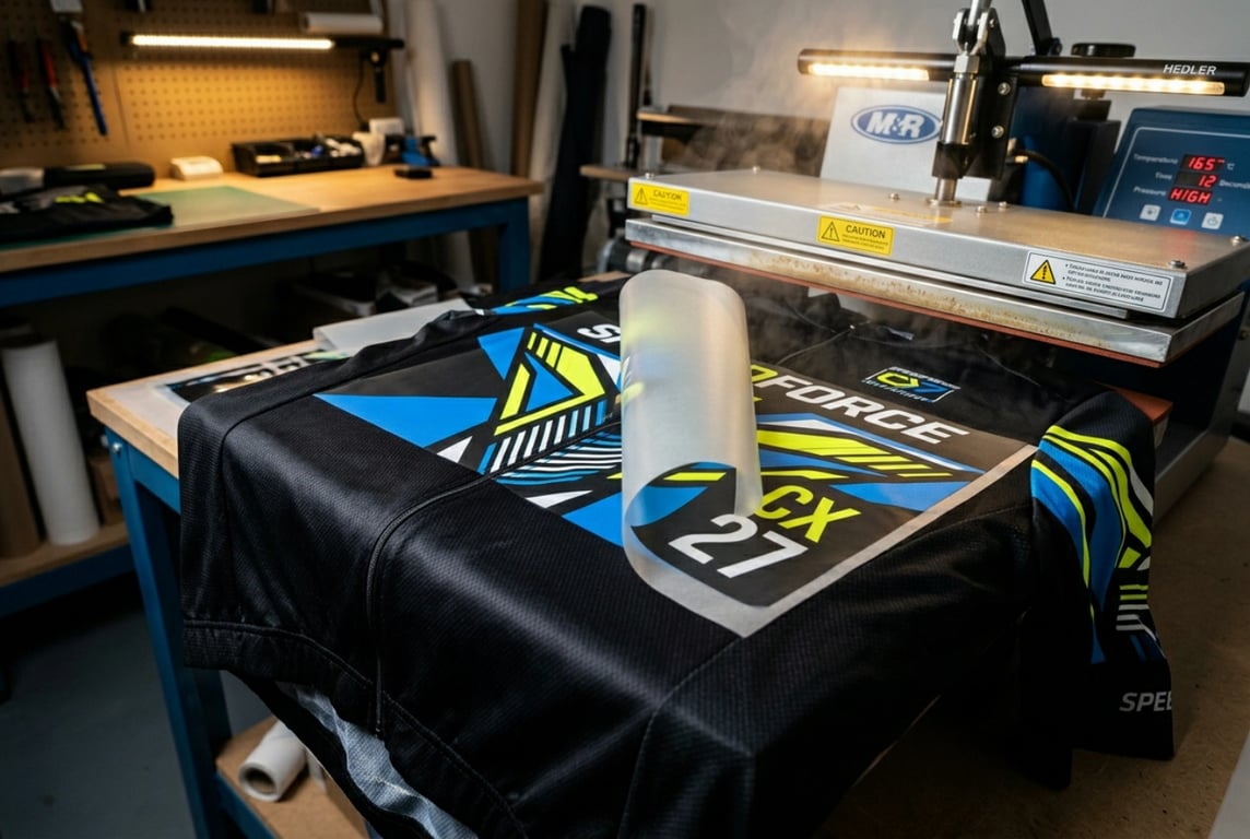 Small-batch custom dark cycling jersey DTF heat transfer