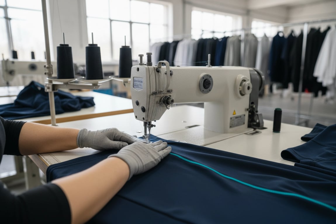 Seamstress working on high-quality custom sportswear leggings
