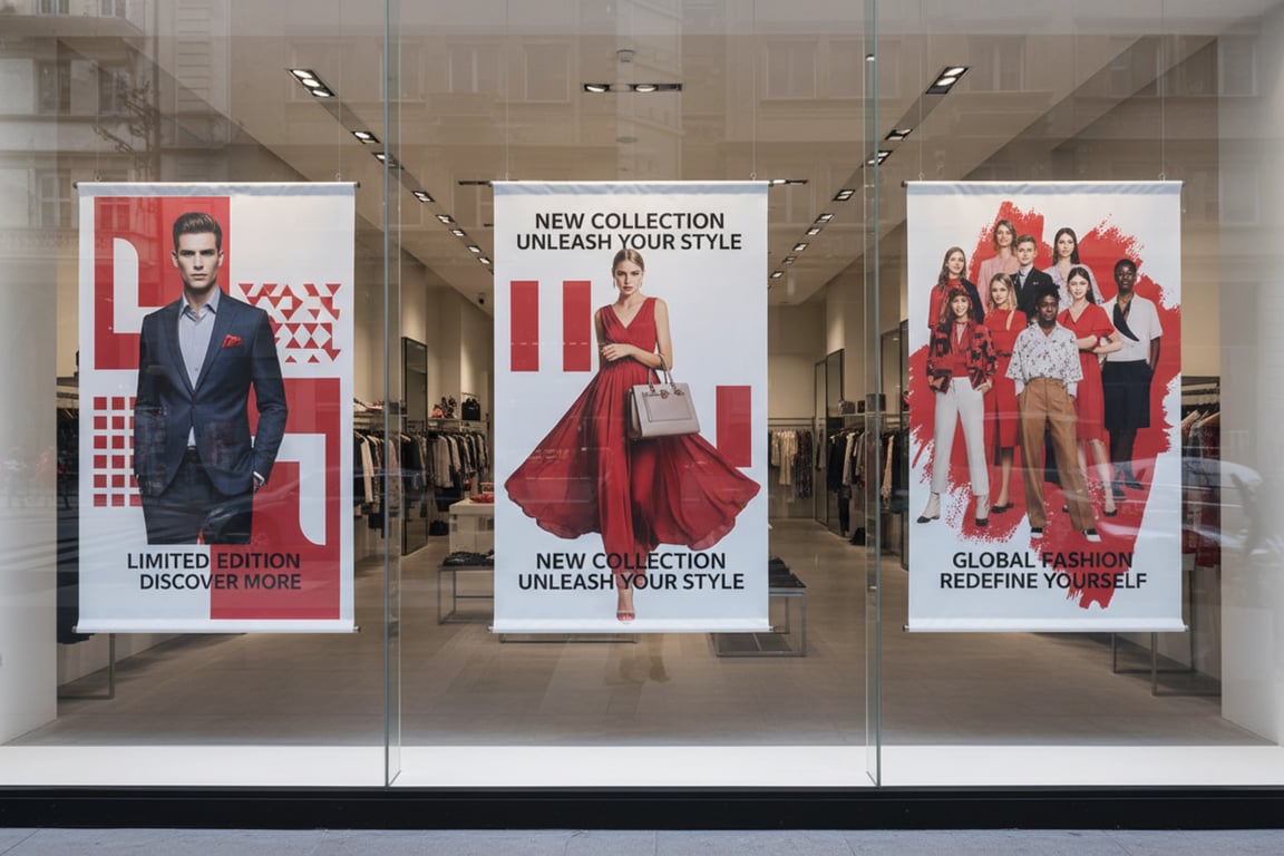 Retail store window display banner printing - 3m vinyl promotional signage for 50-location fashion chain campaign