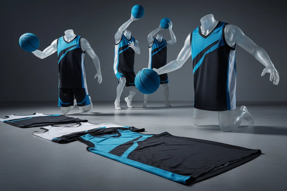 Modern tech basketball jerseys with sleek lines and advanced performance fabrics