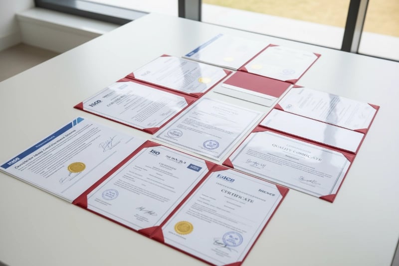 Certification documents for custom flag orders including commercial invoice, packing list, quality inspection report, and certificate of origin