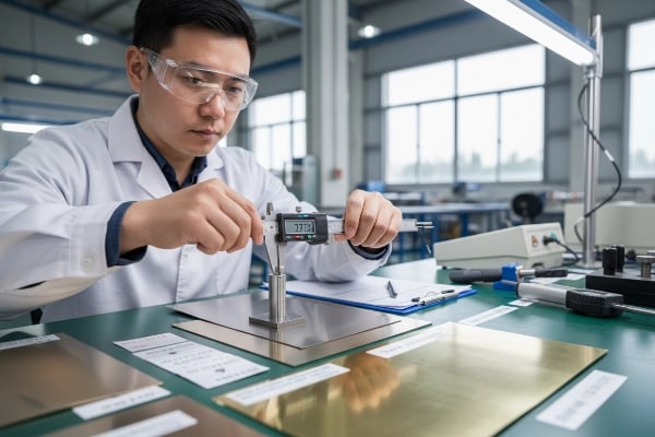 Raw material inspection - Quality control technician testing brass and stainless steel sheets with precision measuring tools ensuring material thickness and composition meet flag grommet manufacturing standards