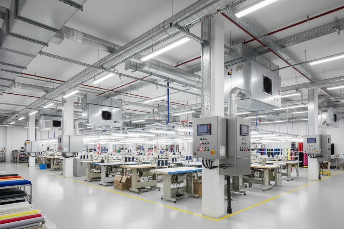 Climate-controlled flag production environment with temperature and humidity monitoring