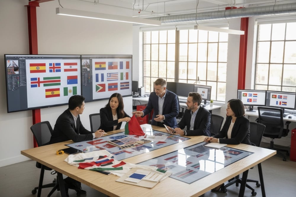 Flag design team creating custom graphics and artwork for flag printing projects