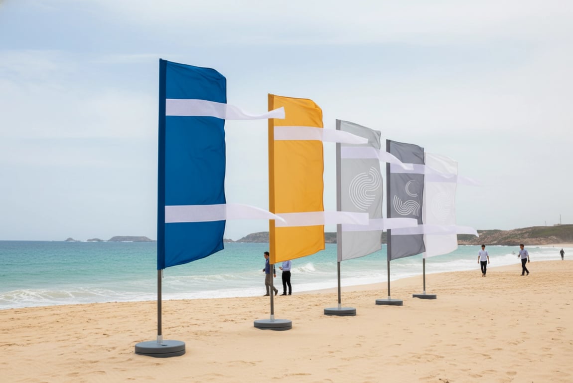 Outdoor beach flags using weather resistant heavy duty velcro in windy coastal conditions with salt spray resistant flag mounting