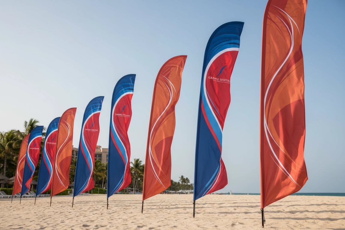 Custom feather beach flags with 40mph wind resistance, UV-resistant 110g polyester fabric, flexible fiberglass poles for outdoor advertising and coastal events, available 8-17ft tall