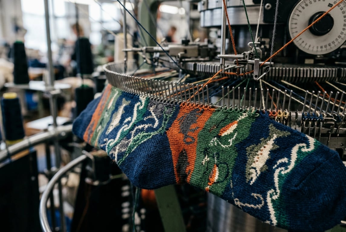 Jacquard pattern knitting with multi-color fishing sock design