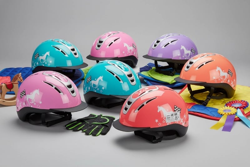 Kids and youth horse riding helmet with extended rear coverage and colorful designs