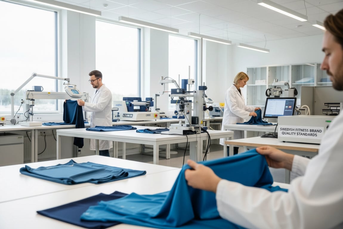 Quality control inspection lab testing workout clothing fabrics for Swedish fitness brands