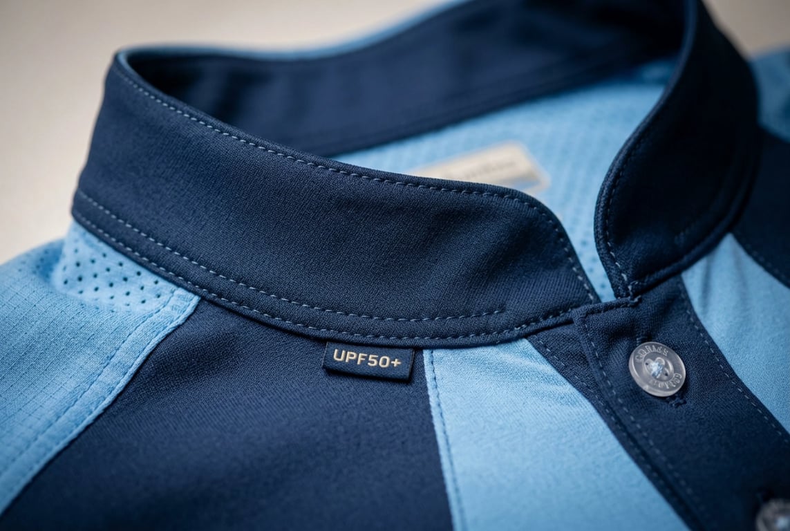 Sun-shield collar engineering detail - precision-cut elevated fishing shirt collar